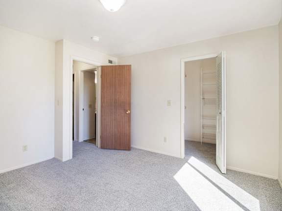 A bedroom with a walk-in closet with wardrobe organizers at Gull Prairie/Gull Run Apartments and Townhomes, Michigan, 49048