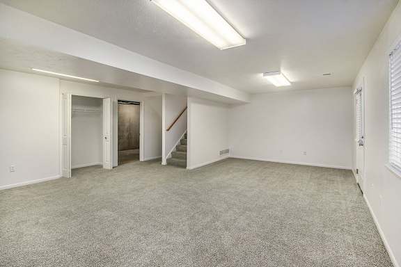 A finished basement recreation room with a storage area  at Gull Prairie/Gull Run Apartments and Townhomes, Michigan, 49048