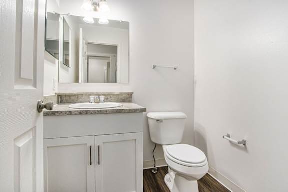 a bathroom with a toilet and a sink and a mirror at Gull Prairie/Gull Run Apartments and Townhomes, Michigan, 49048