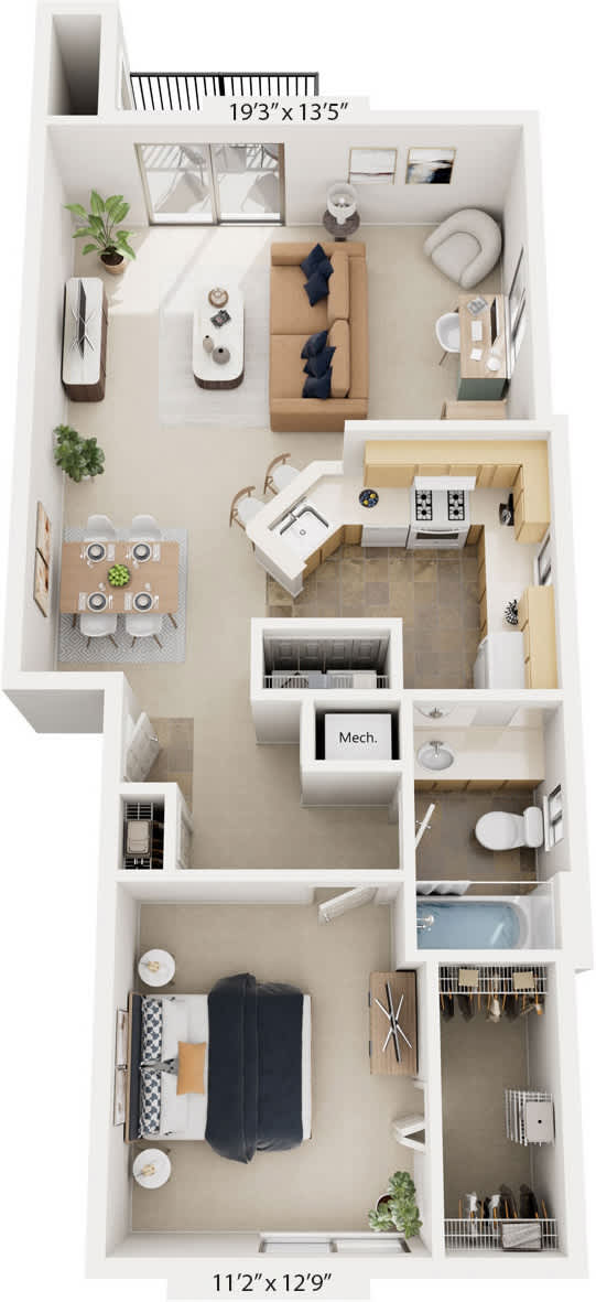 One Bedroom End GR 3D Floorplan at Gull Prairie/Gull Run Apartments and Townhomes, Kalamazoo, 49048