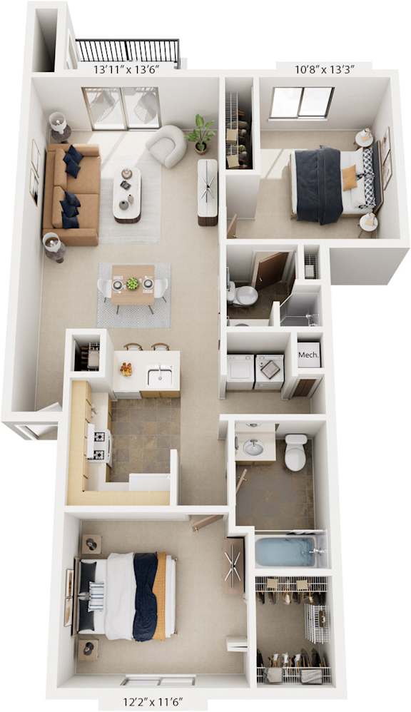 Two Bedroom Two Bath GR 3D Floorplan at Gull Prairie/Gull Run Apartments and Townhomes, Kalamazoo