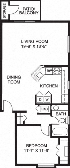 One bedroom end floor plan at Glenn Valley Apartments, Battle Creek, Michigan