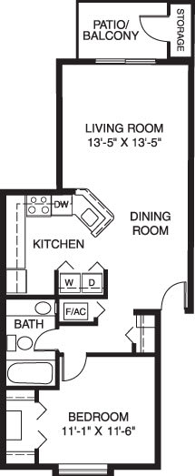 One bedroom floor plan at Glenn Valley Apartments, Battle Creek, Michigan