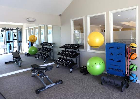 A gym with a variety of equipment including weights and exercise ballsat LakePointe Apartments, Ohio, 45103