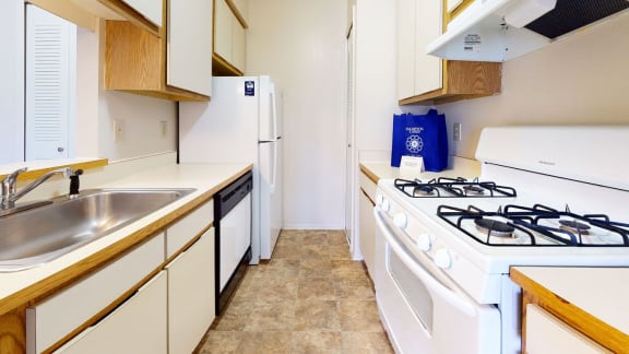 a kitchen with a stove and a sink and a refrigerator at Hampton Lakes Apartments in Walker, MI 49534
