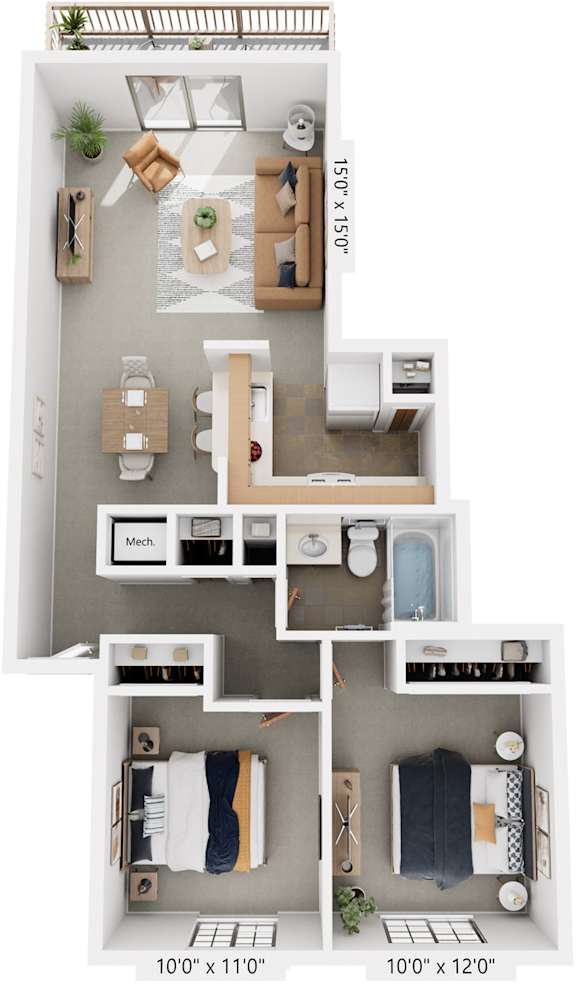 Two Bedroom One Bath 3D Floorplan at Hampton Lakes Apartments, Walker