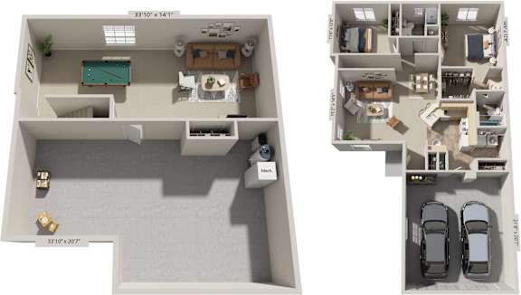 Two bedroom two bath ranch 3D floor plan at Foxwood and The Hermitage, Portage, 49024