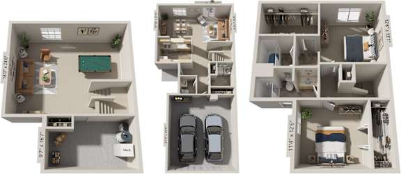 Two bedroom two-story 3D floor plan at Foxwood and The Hermitage, Portage, MI