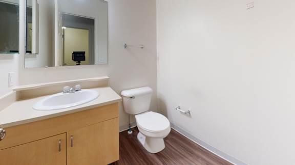 a bathroom with a toilet, sink, and mirror at Foxwood and The Hermitage, Portage, MI