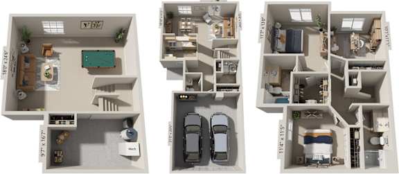Three bedroom two story 3D floor plan at Foxwood and The Hermitage, Portage, Michigan
