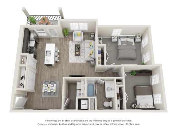 2 Bedroom, 1 Bathroom Floor Plan at Village Place Apartments, Romeoville, IL, 60446