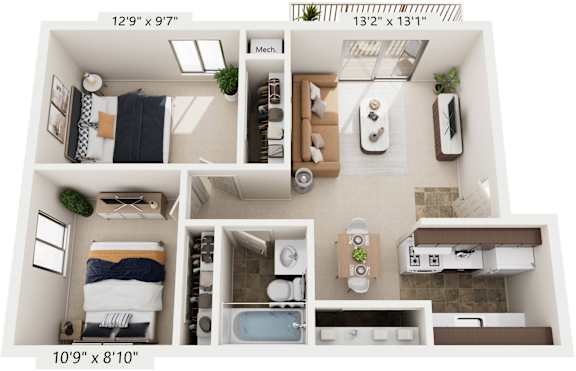 Two Bedroom One Bath 3D Floor plan at Hickory Village Apartments, Indiana, 46545
