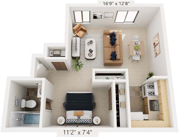 Studio 3D Floor plan at Hickory Village Apartments, Mishawaka