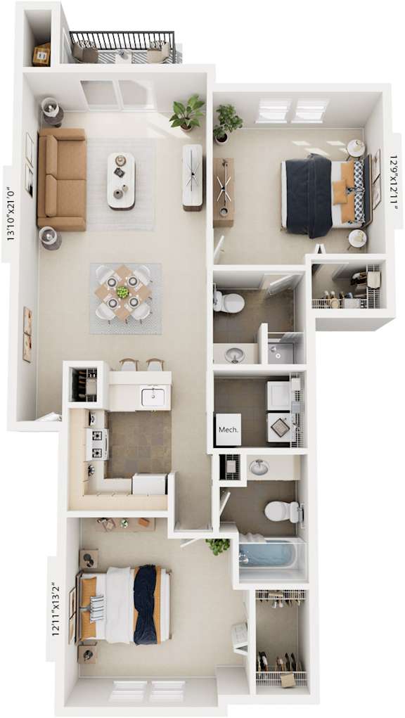 Traditional Two Bedroom 3D floor plan at The Highlands Apartments, Elkhart