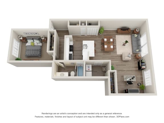 1-Bed/1-Bath, Peony Deluxe Floor Plan at Hillside Apartments, Wixom, 48393