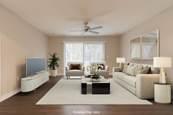 a living room filled with furniture and a large window at Hillside Apartments, Wixom