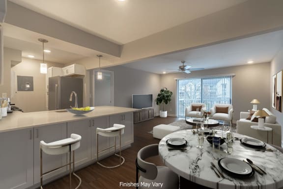 a rendering of a kitchen and living room in a house for sale at Hillside Apartments, Michigan, 48393