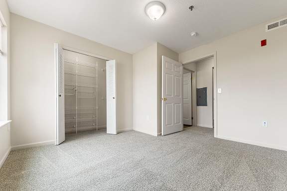 A bedroom with a carpeted floor and a walk-in closet at Hunters Pond Apartment Homes, Champaign, IL