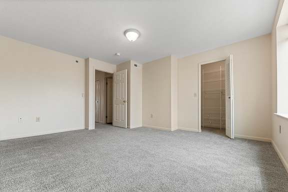 A large empty bedroom with a walk-in closet at Hunters Pond Apartment Homes, Champaign, IL, 61820