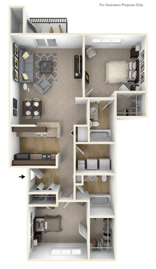 A detailed 3D floor plan of a small apartment layout.