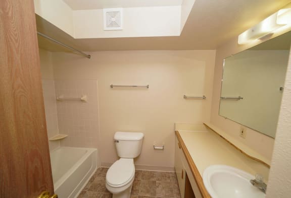 a bathroom with a toilet and a sink and a bath tub  at Hurwich Farms Apartments, South Bend, 46628