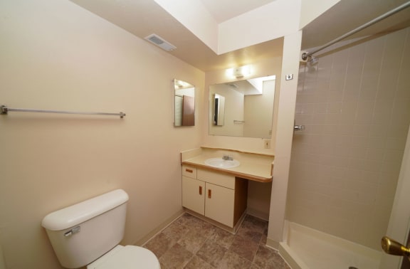 a bathroom with a toilet and a sink and a mirror  at Hurwich Farms Apartments, Indiana