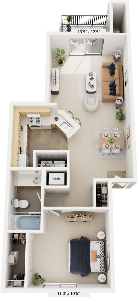 One Bedroom One Bath 3D Floorplan at Hurwich Farms Apartments, South Bend