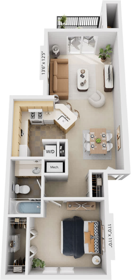 One Bedroom, One Bath 3D Floor Plan at Indian Lakes Apartments, Mishawaka