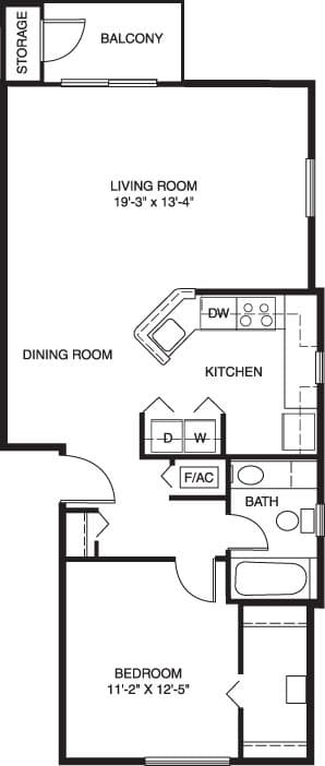 One bedroom end 2D floor plan at Indian Lakes Apartments, Mishawaka