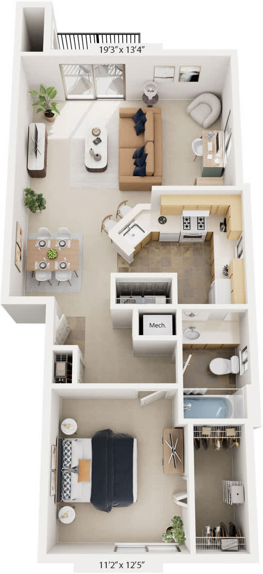 One Bedroom End 3D Floor Plan at Indian Lakes Apartments, Mishawaka, Indiana