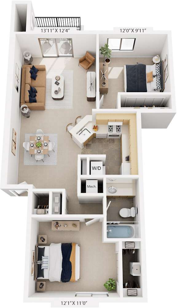 Two Bedroom, One Bath 3D Floor Plan at Indian Lakes Apartments, Indiana, 46545