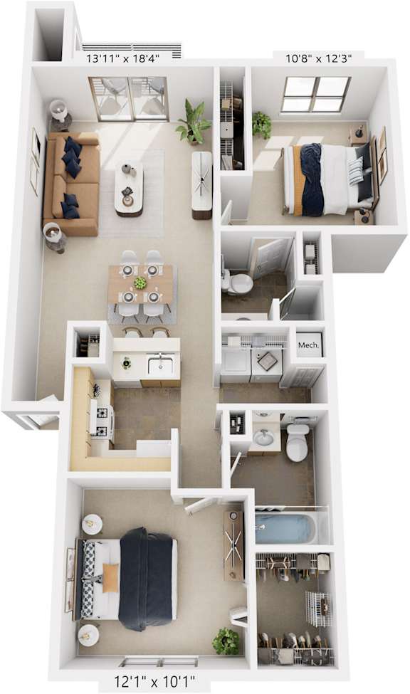 Two Bedroom, Two Bath 3D Floor Plan at Indian Lakes Apartments, Mishawaka, IN, 46545