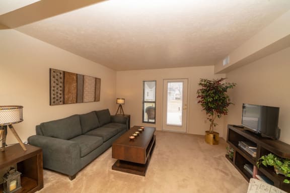a living room with a couch and a television  at Indian Lakes Apartments, Mishawaka, 46545