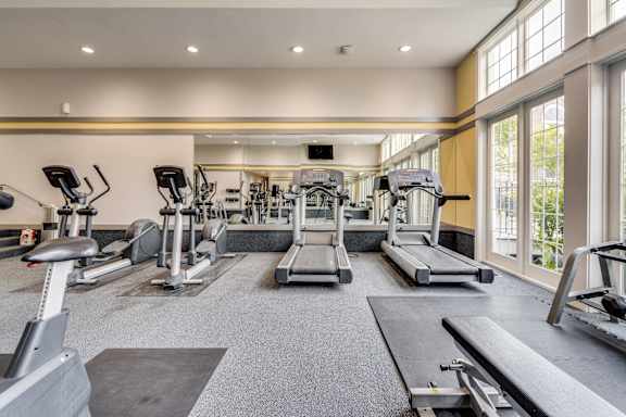 A spacious gym with a variety of equipment including treadmills, elliptical machines, and weight machines at Westlake Apartments, Michigan