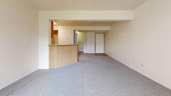A large empty living room with a carpeted floor at Irish Hills Apartments, South Bend, Indiana