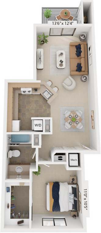 Front-to-Back One Bedroom 3D Floor Plan at Irish Hills Apartments, South Bend, IN