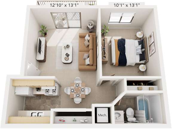 Standard One Bedroom 3D Floor Plan at Irish Hills Apartments, South Bend, Indiana