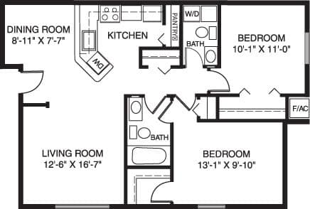 Two bedroom seville 2D floor plan at Irish Hills Apartments, South Bend, Indiana