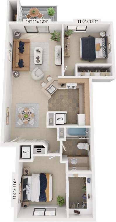 Front-to-Back Two Bedroom 3D Floor Plan at Irish Hills Apartments, South Bend, 46614