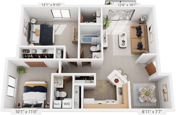 Seville Two Bedroom 3D Floor Plan at Irish Hills Apartments, South Bend, IN, 46614