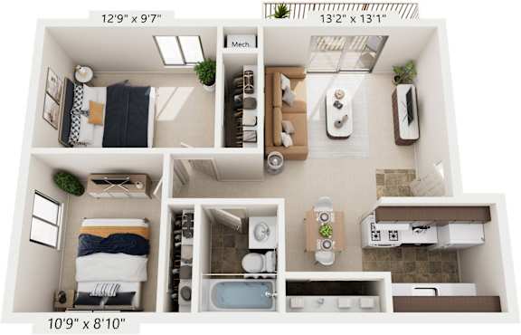Standard Two Bedroom 3D Floor Plan at Irish Hills Apartments, South Bend