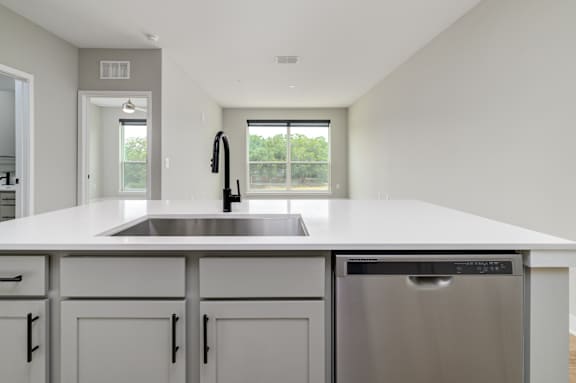 A modern kitchen with a stainless steel dishwasher and white countertops at Ironwood Flats Apartments, Florida, 33511
