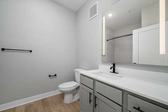 A white toilet sits in a bathroom with a white sink and a mirror at Ironwood Flats Apartments, Florida