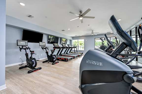 A gym with a variety of exercise equipment including stationary bikes and rowing machines at Ironwood Flats Apartments, Brandon, 33511