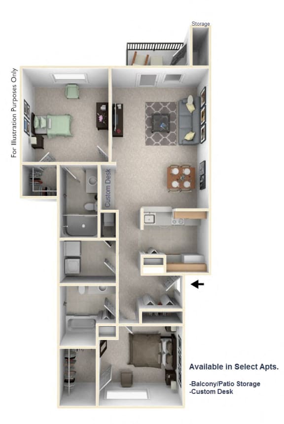 2-Bed/2-Bath, Jonathan Floor Plan at Towne Lakes Apartments, Wisconsin, 54913