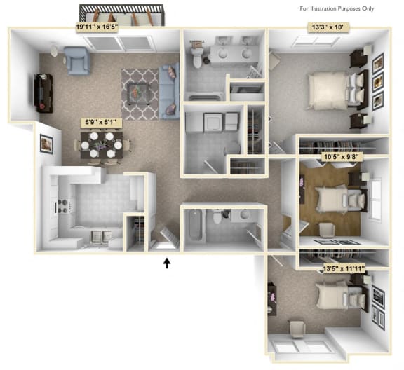 Three Bedroom Juniper Floor Plan at Thornridge Apartments, Michigan