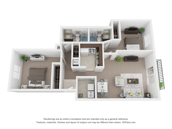 2-Bed/2-Bath, Begonia Floor Plan at LakePointe Apartments, Batavia, OH, 45103