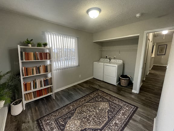 A room with a rug, a bookshelf, and a window.