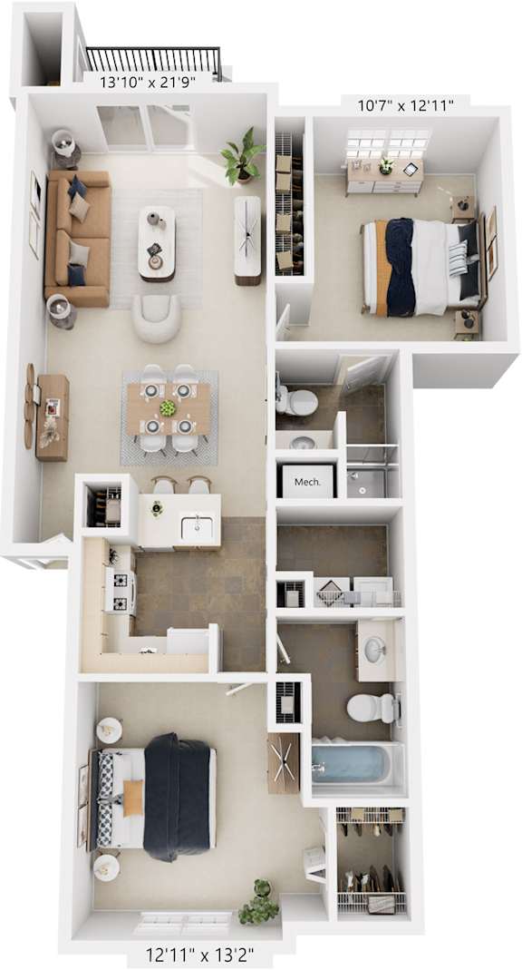 Traditional Two Bedroom 3D floor plan at Liberty Mills Apartments, Fort Wayne