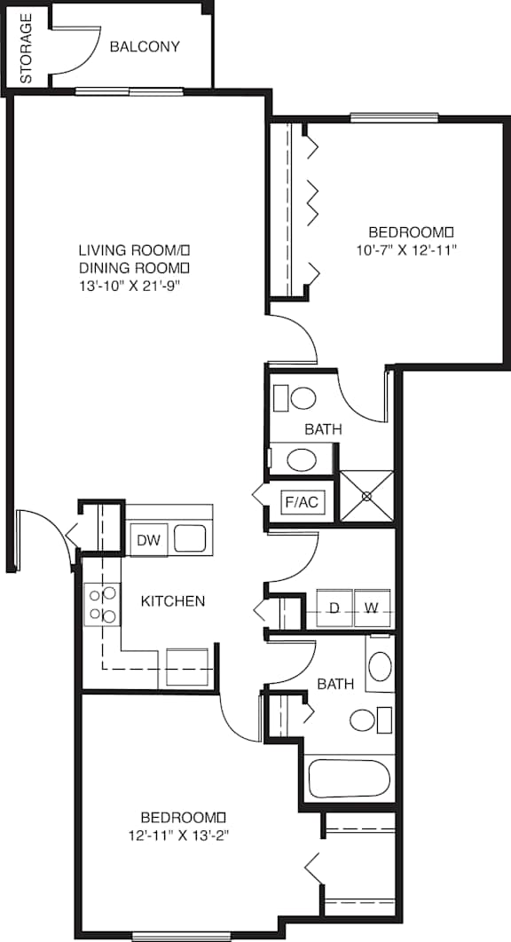 Two bedroom 2D floor plan at Liberty Mills Apartments, Fort Wayne, Indiana